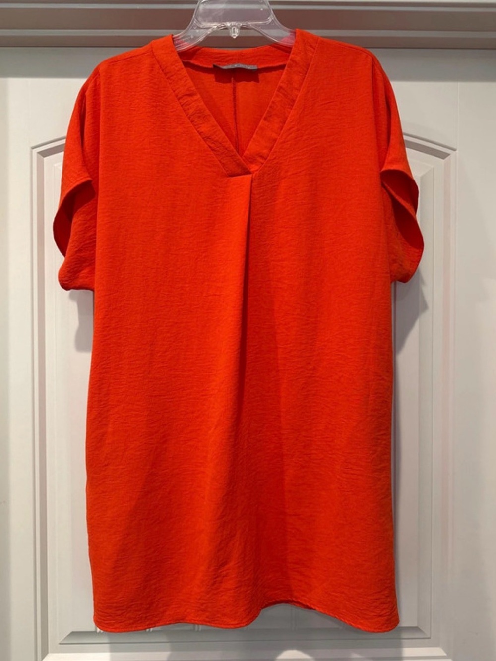 Casual V-Neck Mini Sheath Dress with side slit pockets in Vibrant Orange